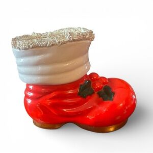 Vintage Spaghetti Santa Boot Coin Bank with Holly Figurine Christmas